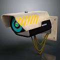 Outdoor Security Camera With Yellow Striped Housing And Green Lens Mounted On Wall