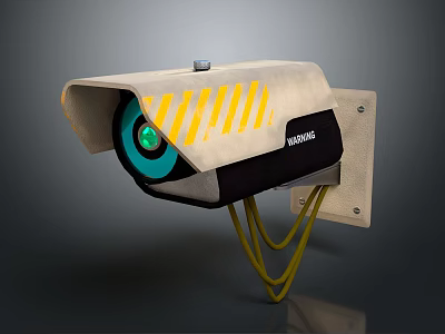 Outdoor Security Camera With Yellow Striped Housing And Green Lens Mounted On Wall 3d model