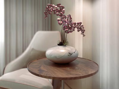 Elegant White Vase With Purple Flowers On Round Wooden Table Near Beige Chair And Curtain 3d model
