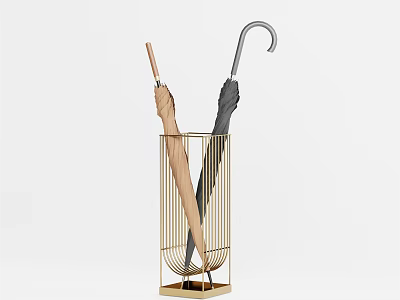 Simple Modern Golden Metal Umbrella Stand With Two Light And Dark Colored Umbrellas 3d model