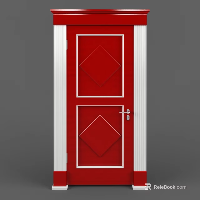 Red Swing Door With Diamond Pattern White Frame And Silver Handle For Home 3d model 