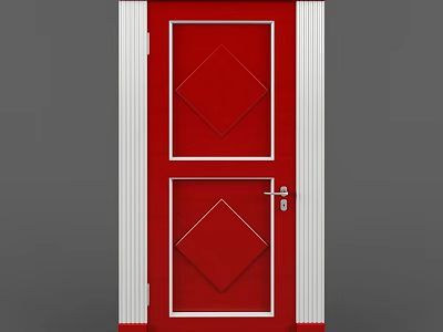 Red Swing Door With Diamond Pattern White Frame And Silver Handle For Home 3d model