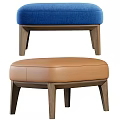 Modern Upholstered Ottoman Stools With Blue Brown Fabric And Wooden Legs