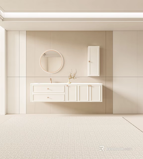 Modern White Bathroom Cabinet With Round Mirror Storage Drawers In Minimalist Design 3d model 