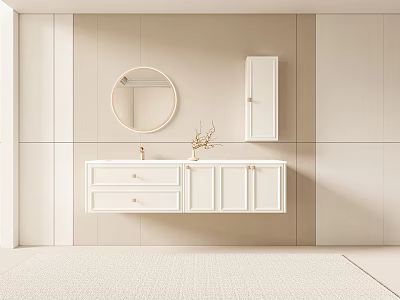 Modern White Bathroom Cabinet With Round Mirror Storage Drawers In Minimalist Design 3d model