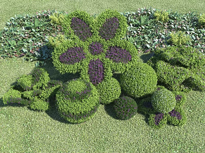 Well Trimmed Shrubs Shaped Into Flower Designs With Round And Irregular Forms On Green Lawn 3d model