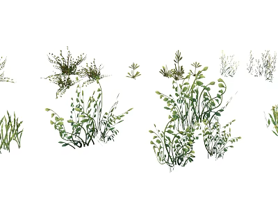 Cartoon Style Green Plants Collection With Various Grass And Fern Designs 3d model