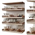 Neatly Arranged Wine Bottles and Glasses on Wooden Display Shelves with Various Styles