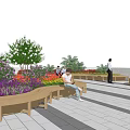 Wooden Outdoor Chairs Along Flower Beds In Relaxing Outdoor Garden Patio Area