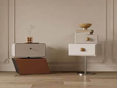 White Bedside Tables with Drawers Golden Balls Books and Bowl on Wooden Floor 3d model