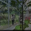 Modern Glass Canopy Structure at Building Entrance with Green Plants and Lawn