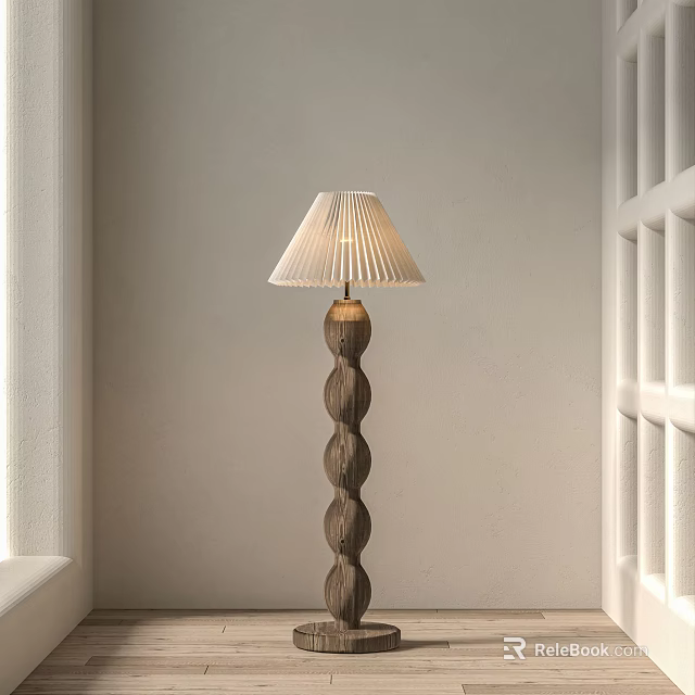 Minimalist Floor Lamp With Twisted Wooden Base And Pleated Fabric Shade In Light Room 3d model 