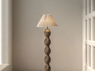 Minimalist Floor Lamp With Twisted Wooden Base And Pleated Fabric Shade In Light Room 3d model
