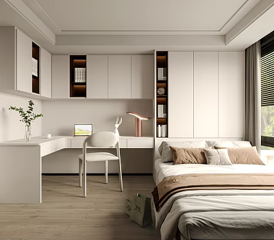 Modern Tatami Bedroom With Built in Cabinets Desk Chair And Potted Plant 3d model