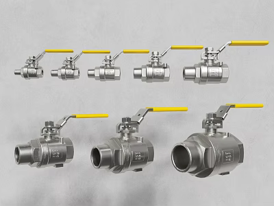Stainless Steel Pipe Ball Valves Featuring Yellow Handles In Different Sizes 3d model
