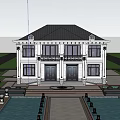 Twin Villa With White Exterior Two Story Black Doors Stone Pavement And Trees