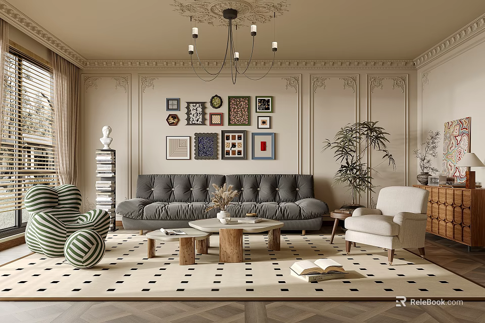 Classic Living Room Interior With Gray Sofa Wall Art Chandelier And Area Rug 3d model 