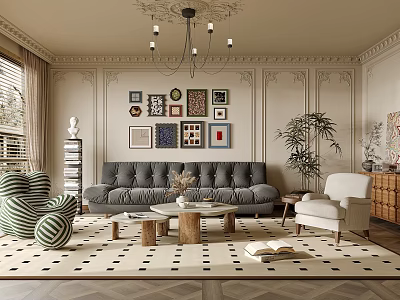 Classic Living Room Interior With Gray Sofa Wall Art Chandelier And Area Rug 3d model