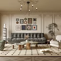 Classic Living Room Interior With Gray Sofa Wall Art Chandelier And Area Rug