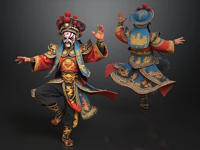Man in Traditional Opera Costume Performing with Painted Face and Elaborate Embroidery 3d model