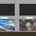 Modern Televisions with Unlit and Lit Screens Showing Ocean Waves and Space Scenes