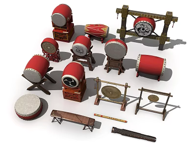 Traditional Chinese Musical Instruments and Tools Featuring Assorted Red Drums Stands and Gong Accessories 3d model