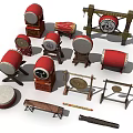 Traditional Chinese Musical Instruments and Tools Featuring Assorted Red Drums Stands and Gong Accessories