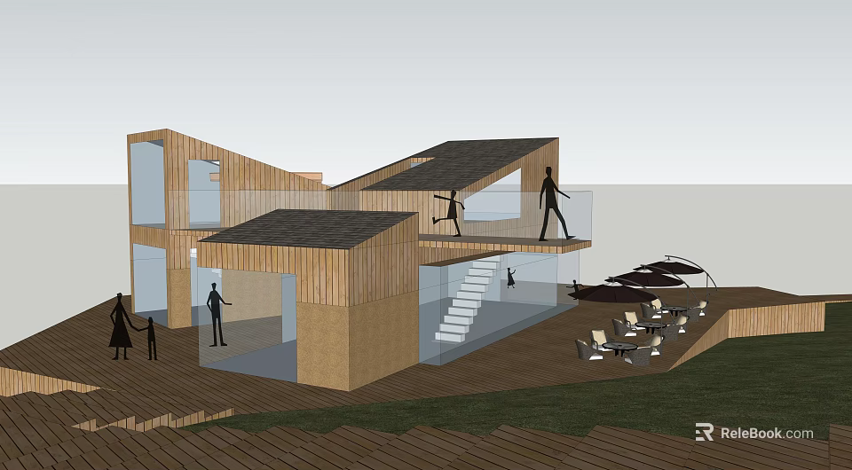 Modern Wooden Architecture Design With Multi Level Roofs Outdoor Seating Grass Landscape 3d model 