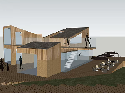 Modern Wooden Architecture Design With Multi Level Roofs Outdoor Seating Grass Landscape 3d model