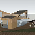 Modern Wooden Architecture Design With Multi Level Roofs Outdoor Seating Grass Landscape