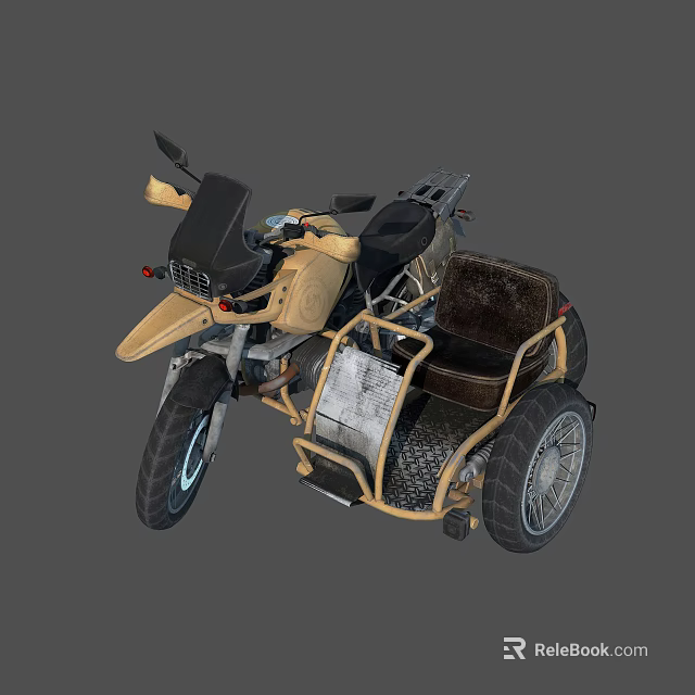 Tan Three Wheeled Motorcycle With Large Wheels Black Seat And Metal Frame 3d model 