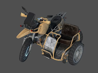 Tan Three Wheeled Motorcycle With Large Wheels Black Seat And Metal Frame 3d model
