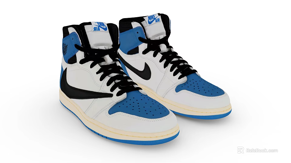 Stylish High Top Shoes With White Blue Black Color Accents And Nike Swoosh Detail 3d model 