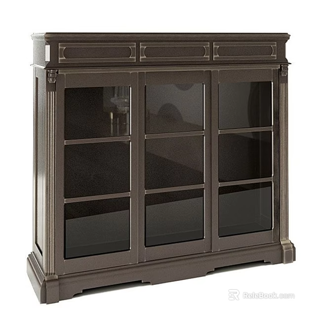 Elegant Dark Brown Wooden Cabinet With Glass Doors And Storage Shelves 3d model 