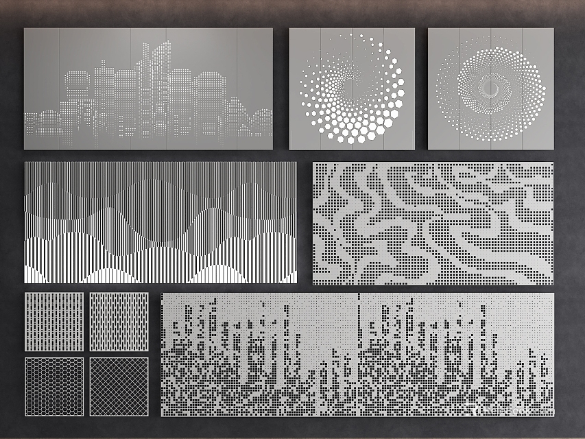 Creative Decorative Wall Panels Design With City Silhouette Spiral Dots And Geometric Patterns 3d model 