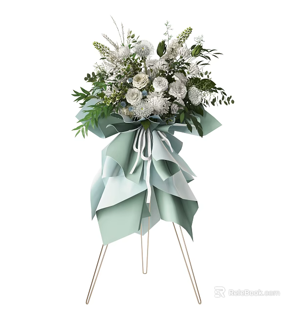 White Flower Arrangement With Green Leaves And Light Green Bow On Stand 3d model 