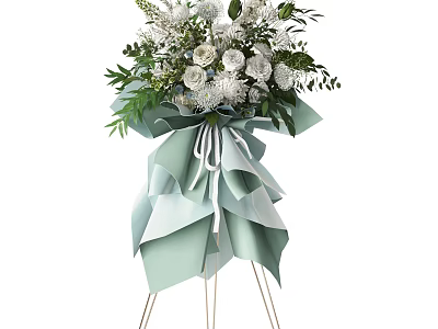 White Flower Arrangement With Green Leaves And Light Green Bow On Stand 3d model