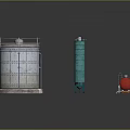 Industrial Equipment Including Large Silver Cylindrical Storage Tank Tall Green Vertical And Red Horizontal Tanks