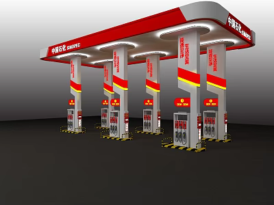 Modern Gas Station Featuring Red White Canopy Columns with Red Yellow Stripes and Fuel Dispensers 3d model