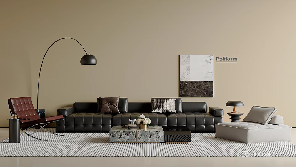 Poliform Modern Black Leather Sofa With Marble Coffee Table Striped Rug And Floor Lamp 3d model 