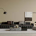 Poliform Modern Black Leather Sofa With Marble Coffee Table Striped Rug And Floor Lamp