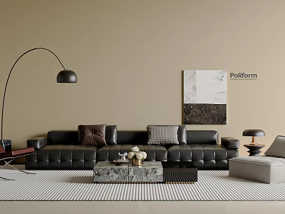 Poliform Modern Black Leather Sofa With Marble Coffee Table Striped Rug And Floor Lamp 3d model