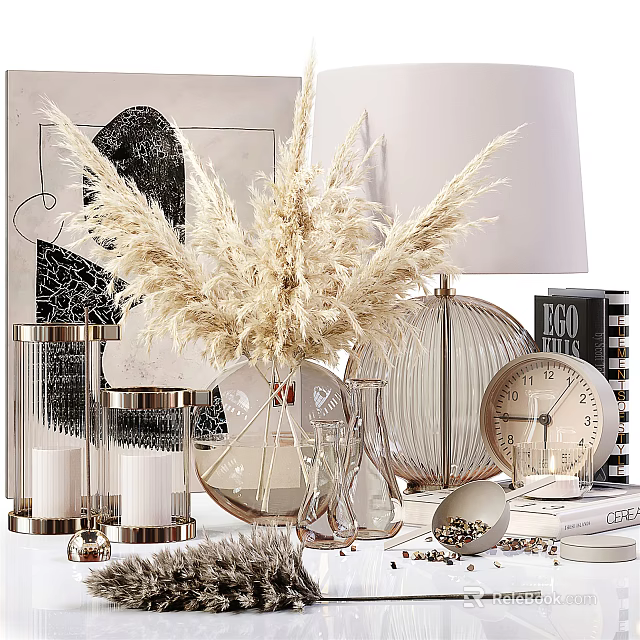 Elegant Modern Decorative Ornament Set With Pampas Grass Glass Vase Metallic Lamp Clock And Books 3d model 
