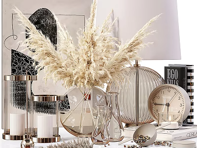 Elegant Modern Decorative Ornament Set With Pampas Grass Glass Vase Metallic Lamp Clock And Books 3d model