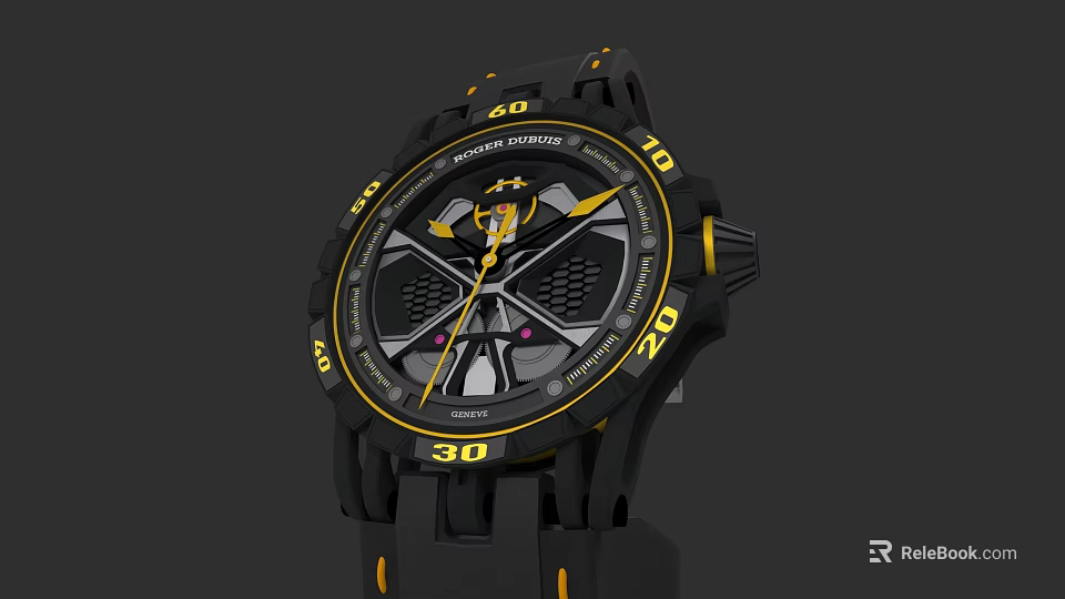 Black And Yellow Sports Watch With Bold Dial Markers And Silicone Strap 3d model 