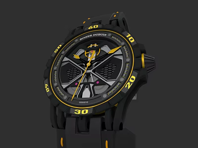 Black And Yellow Sports Watch With Bold Dial Markers And Silicone Strap 3d model