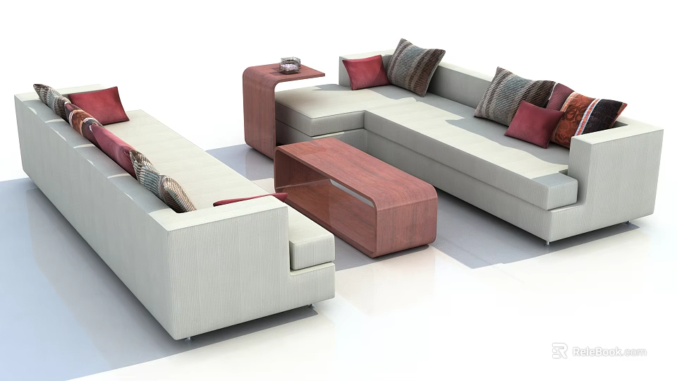 Modern Light Gray Sofa Set With Wooden Coffee Table And Decorative Pillows 3d model