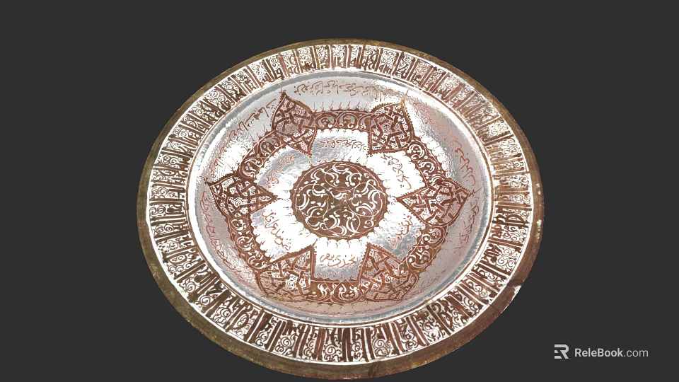 Decorative Ceramic Dish Featuring Intricate Brown Patterns And Ornate Borders 3d model