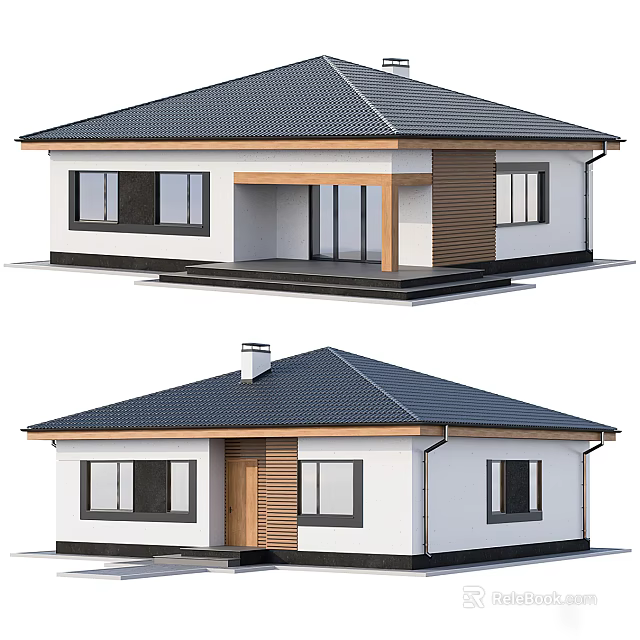 Modern Detached House with White Walls Dark Roof Wooden Accents Chimney and Entrance Steps 3d model 