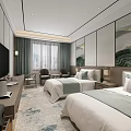 Modern Hotel Room Interior With Twin Beds White Bedding Light Green Runners And Landscape Decor